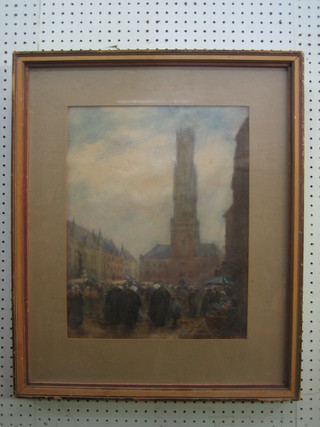 Percy L Smith, watercolour "Kings College  Market Scene with Figures" 17" x 13"