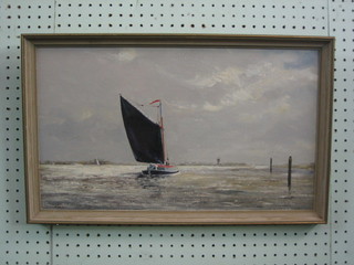 A A Pank, oil on board Dutch scene "Sea Scape with Barge" 11" x 19"