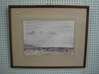 Impressionist watercolour "Downland Scene with Sea in Distance" 10" x 15" indistinctly signed