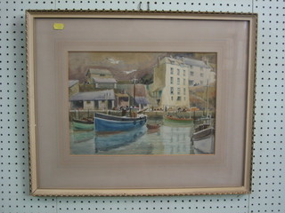 P Russell, watercolour drawing "Harbour Scene with Fishing Boats" 10" x 14"