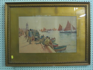 J  Fenton, watercolour "Quay with Figures and Barges" 11" x 18"