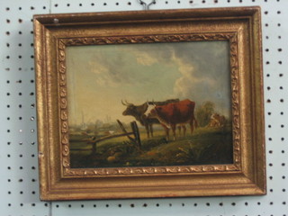 An 18th/19th Century oil on canvas "Standing Cattle by a Fence" 7" x 9"