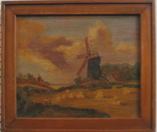 Dutch Impressionist School oil on board "Windmill with Haystacks" 10" x 12"