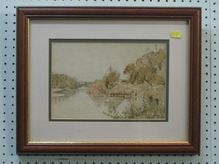 R H Carnton? watercolour drawing "Italian River Scene with Figure and Bridge in Distance" 7" x 10"
