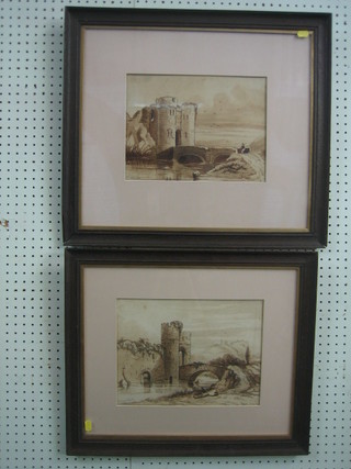 Pauline Ekirle?, a pair of pencil and watercolour drawings "Castles" 8" x 11" and 9" x 12"