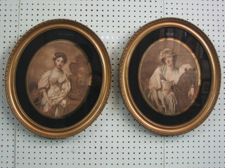 A pair of 19th Century coloured prints "The Milk Maid and One Other" 10" oval