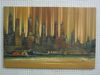 Gelleis, oil on canvas "City Scape with Sky Scrapers" the reverse with Roberts Gallery label 24" x 36"