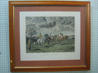 J Sturgess, a coloured print "McQueen's Hunting Rivals at the Post" 14" x 19" contained in a maple frame