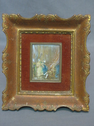 A portrait miniature on ivory "Interior Scene with Figures" 3" x 2 1/2"
