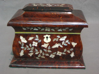 A Victorian tortoiseshell cushion shaped twin compartment tea caddy with hinged lid, inlaid mother of pearl throughout, 7 1/2"