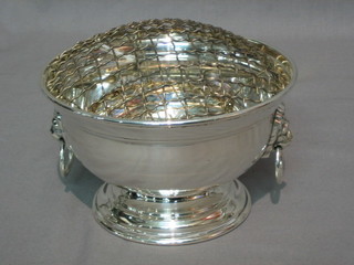 A modern silver rose bowl with lion mask handles, raised on a spreading foot, 9 ozs inscribed 