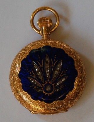 A lady's  fob watch contained in an 18ct gold and blue enamelled full hunter case, the lid set diamonds (slight chip to lid), the movement signed A M Watch Company