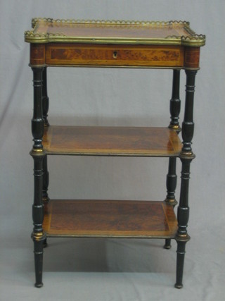 A Victorian amboyna rectangular 3 tier etagere with brass three-quarter gallery, fitted a drawer and raised on turned supports 18"