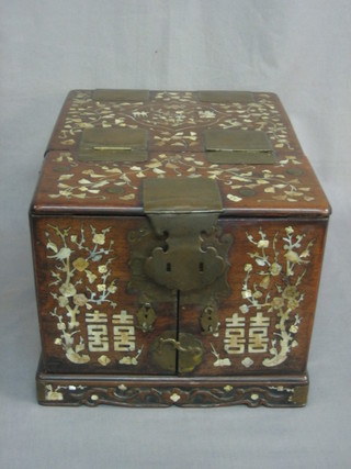 An Eastern Padouk wood inlaid mother of pearl vanity box  with hinged lid 15"
