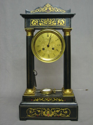 A French 19th Century striking Portico clock with 5" gilt dial, contained in an ebonised and gilt metal case (second hand f)