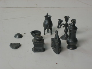 A miniature pewter tea urn 3", ditto jug, coffee grinder, candelabrum etc