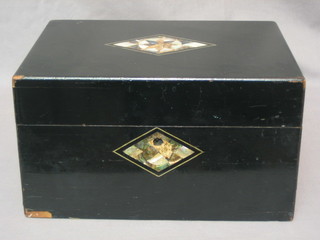A Victorian  ebonised trinket box with mother of pearl decoration and hinged lid, 12"