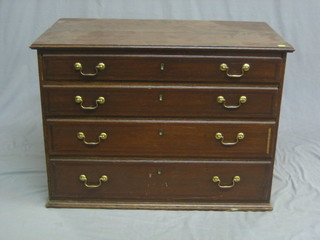 An 18th Century Country oak chest of 4 long drawers with brass swan neck drop handles 35"