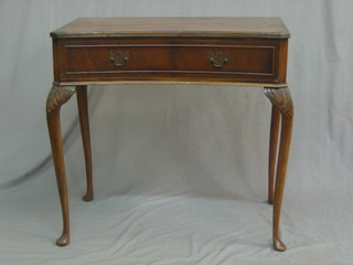 A 1950's Georgian style concave mahogany side table, fitted a frieze drawer and raised on cabriole supports 29"