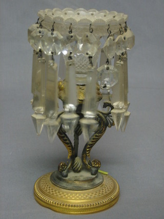 A 19th Century gilt, onyx and cut glass lustre with cut glass lozenges, (base f) 8"