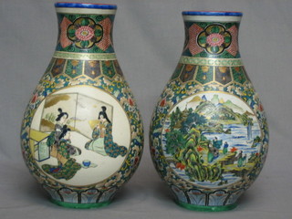 A pair of 19th Century Oriental famille vert porcelain vases, with panel decoration depicting Courtesans, the base with seal mark 11"