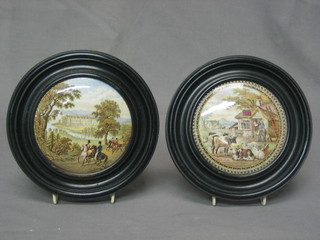 2 19th Century Prattware pot lids - The Bull Pub and Park Land with figures riding - 4 1/" circular, contained in oak socle frames