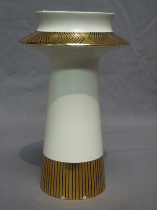 A Royal Crown Devon Memphis white glazed vase with gilt banding 9" by Colin Melbourne (chip to base)