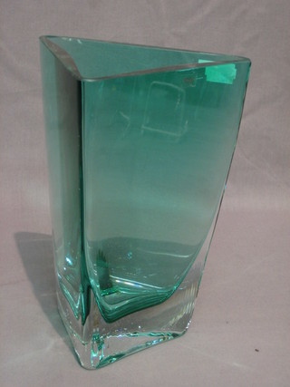 A triangular green glass vase marked Kroson Finland 8"