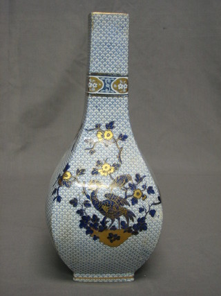 An Edwardian Burleigh Pottery square vase with blue and gilt decoration, decorated birds amidst branches 12"