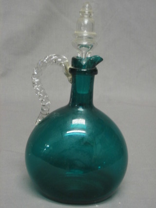 A Victorian green glass ewer with clear glass handle 9"