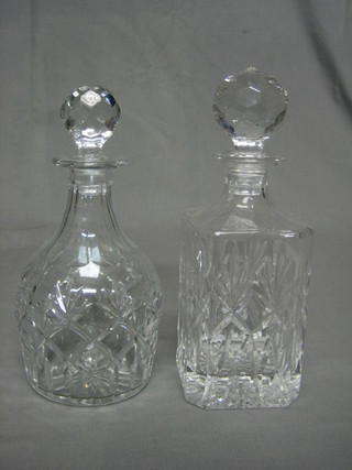 A square cut glass spirit decanter and stopper and a club shaped decanter and stopper