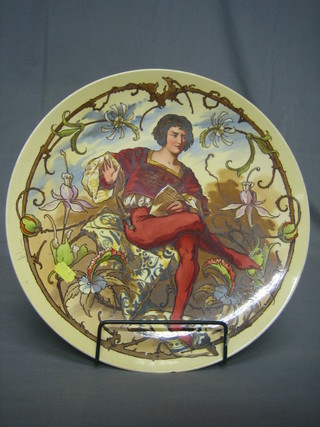A circular Continental porcelain charger decorated a seated Romeo?, reverse marked Schu 14"
