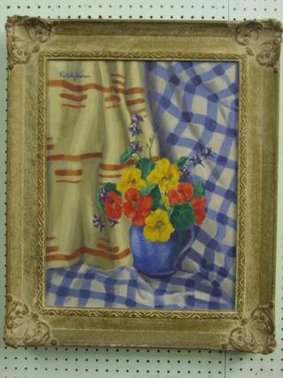 K Wyborn, oil painting on canvas, still life study "Vase of Flowers" 17" x 13"