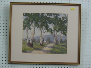 A L Slack, watercolour drawing "Rural Scene with Lane, Mountains in the Distance" 10" x 10 1/2"