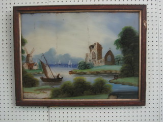A Victorian oil painting on glass "Church with River" 15" x  21"