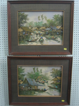 Nogsuan, a pair of Oriental School oil paintings on canvas, "Figures in Boats By Buildings" 11" x 15"