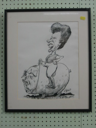 Griffin, monochrome pencil cartoon "Princess Anne Riding a Pig" 14" x 11"
