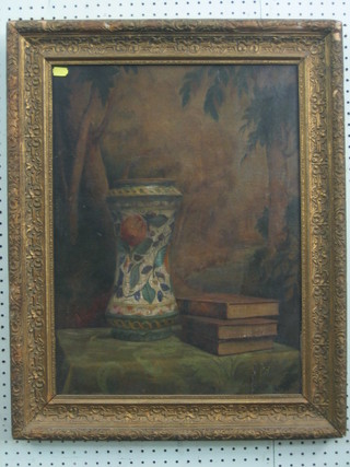 E Walker, still life study "Waisted Pottery Vase with Three Books on a Table" 21" x 16" signed and dated E Walker 1923, (some light paint loss) the reverse with label marked Dame Edith Walker