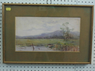 O S Cox, watercolour drawing "Lake with Mountains in Distance" 7" x 13"