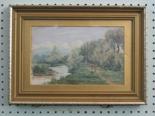 J Baillie, Victorian watercolour "New Zealand? River Scene with Figure" 6" x 9"