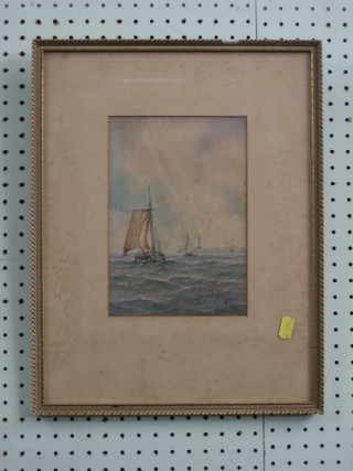 19th Century watercolour drawing "Sea Scape with Thames Barge by Harbour" monogrammed R Y 9" x 6"