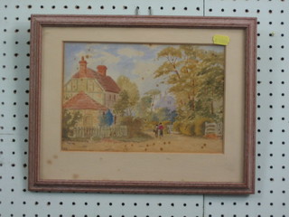20th Century naive watercolour drawing "Country House with Figures Walking" 7" x 9" (some foxing) dated 1919