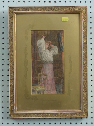 Lionel P Smythe, watercolour drawing "Standing Girl Dressing Hair" 9" x 4 1/2"