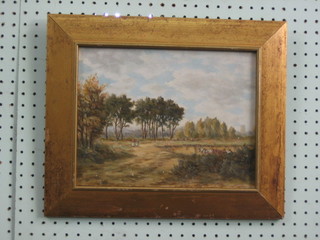 19th Century oil on board  "Field with Horse and Cart, Trees in Distance" 9" x 11"