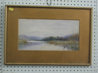 O S C, watercolour drawing "Moorland Scene with Lake" monogrammed, 7" x 13"