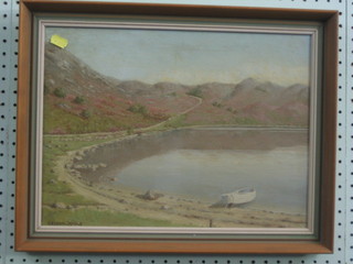 Grahame Donald, oil on canvas "Moorland Lake with Fishing Boat" 11" x 15"