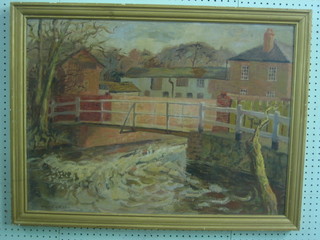 Margaret Littleton, oil on canvas "Bridge With River" 31" x 30"