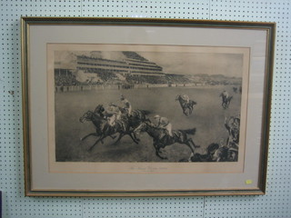 An Edwardian monochrome print "The Kings' Derby 1909 - Minoiu Wins" 17" x 29"