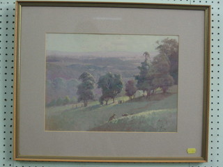 M E Sutton, watercolour Australian School, oil on board "Landscape with Kangaroos" 11" x 15"