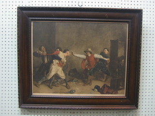 A  17th Century style coloured print "Duelling Scene" 16" x 20" (light creasing)